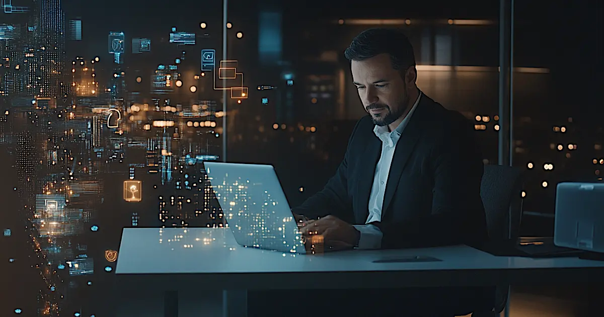 Illustration of AI concepts and a small business owner using a laptop to optimise their website for AI search