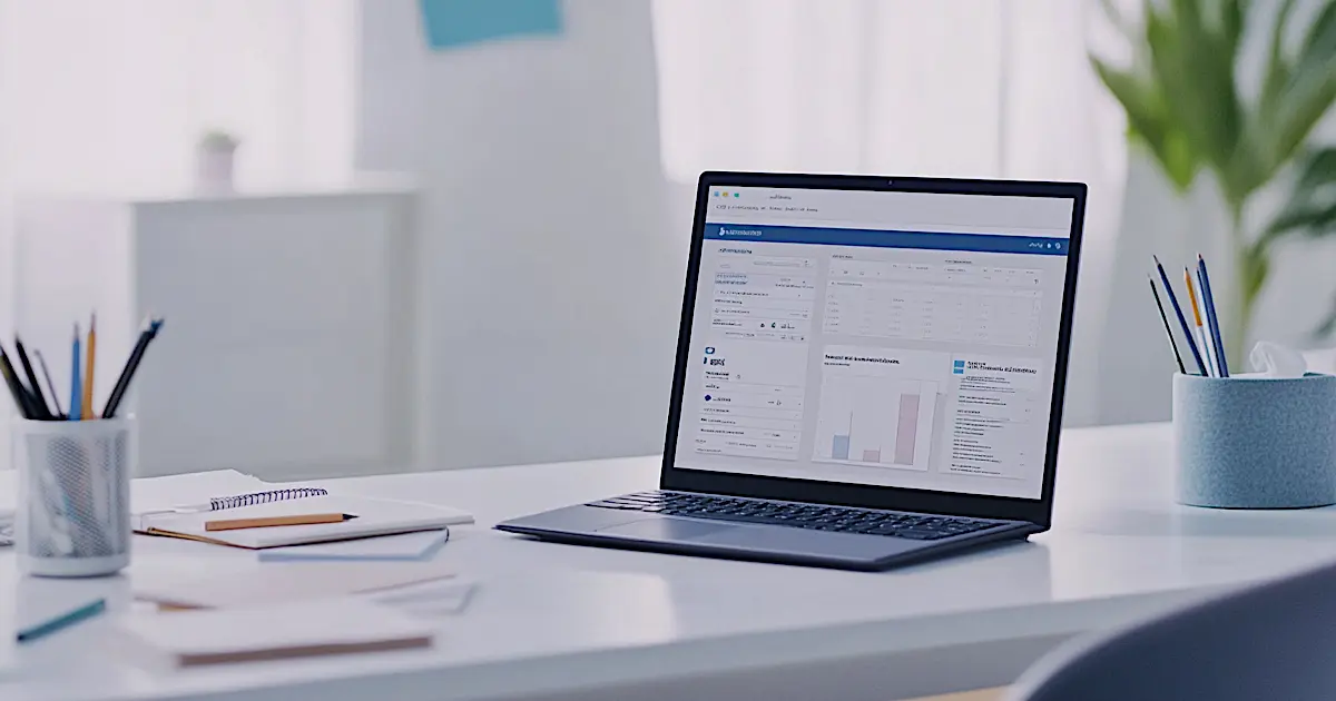 A modern workspace with a laptop displaying an SEO dashboard, surrounded by clean notes and sketches for content creation, bright and minimalist design