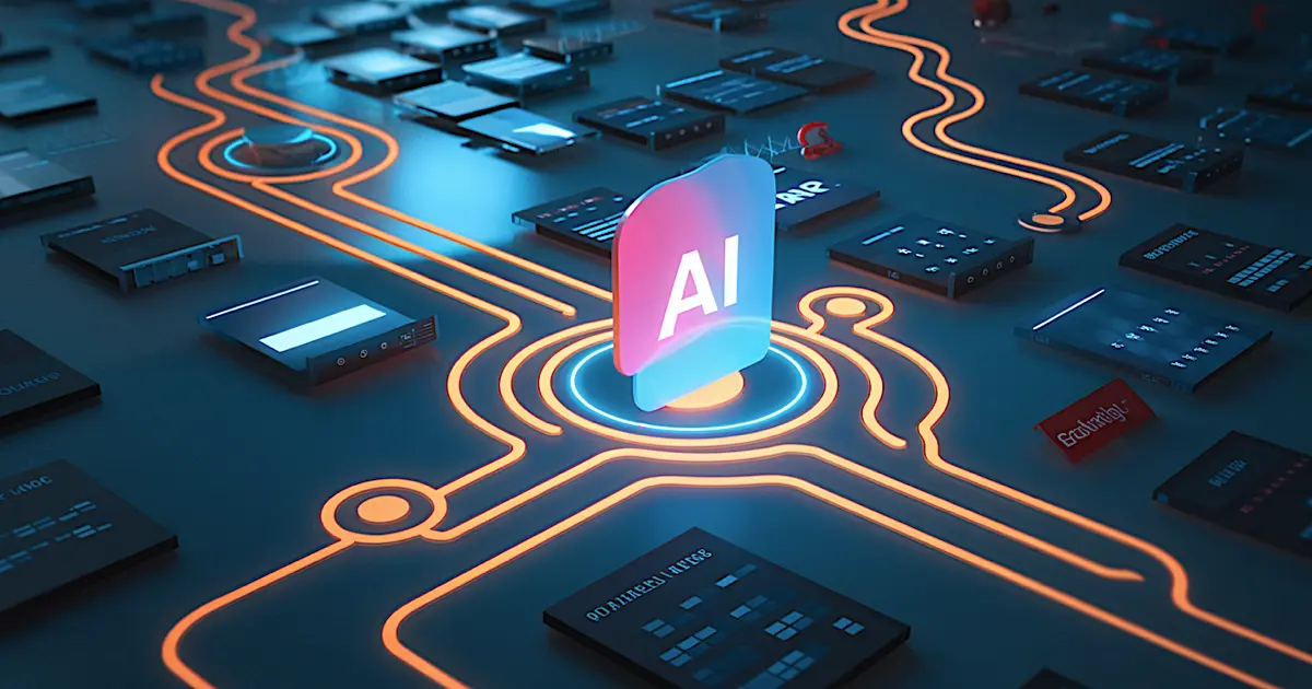 A futuristic AI concept with a search bar overlay, representing the transformation of online visibility through AI-driven search.