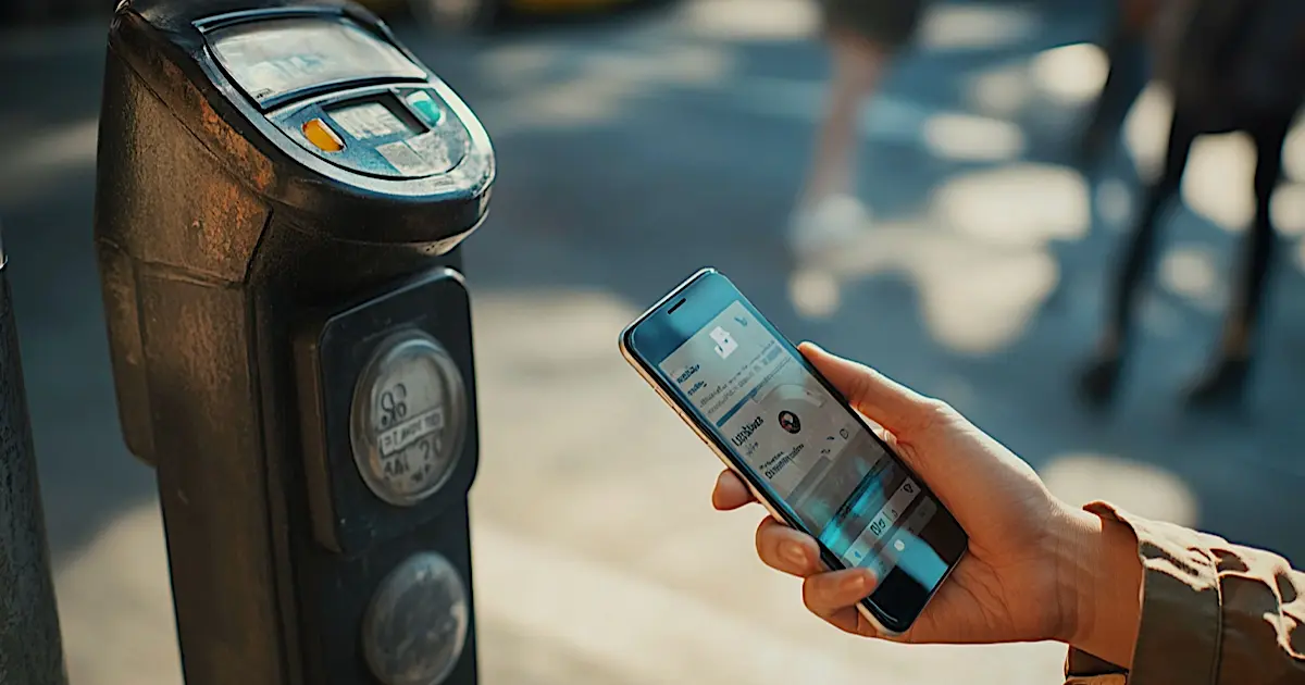 Frustrated person holding a phone with an app screen, surrounded by coins and a parking meter, symbolising forced automation in daily life.
