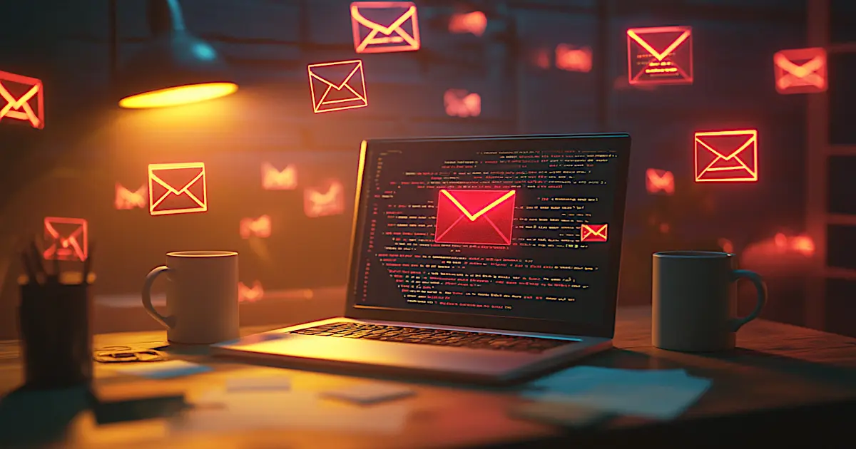 A laptop screen showing an inbox full of SEO email pitches, with one email highlighted as suspicious.
