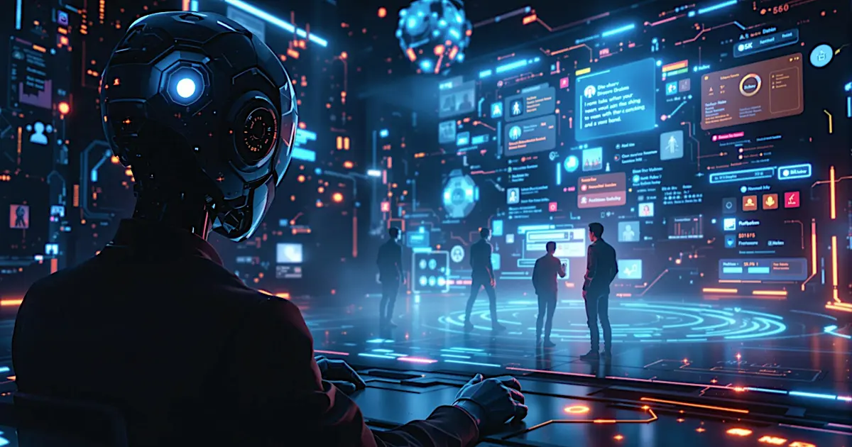 Illustration of AI-generated social media bots interacting with users online.