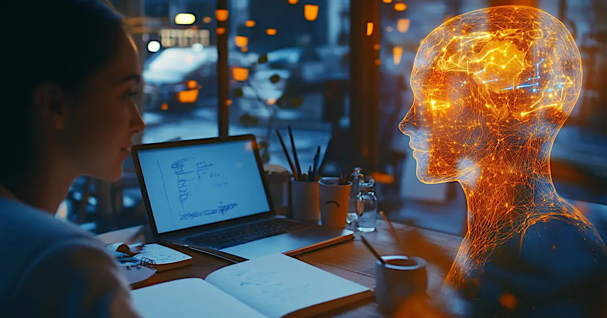 A casual conversation over coffee with an AI represented as a human, discussing creative ideas.
