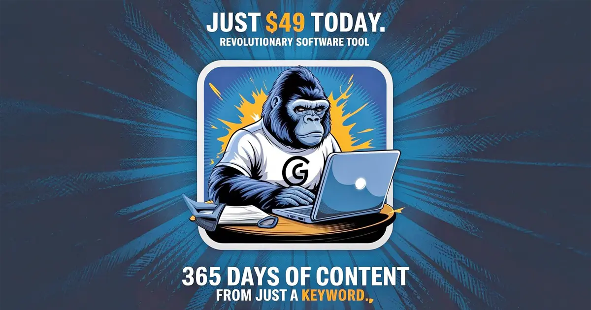 A cheeky gorilla wearing a t-shirt at a laptop, symbolising AI hype in content creation, surrounded by flashy promotional graphics.