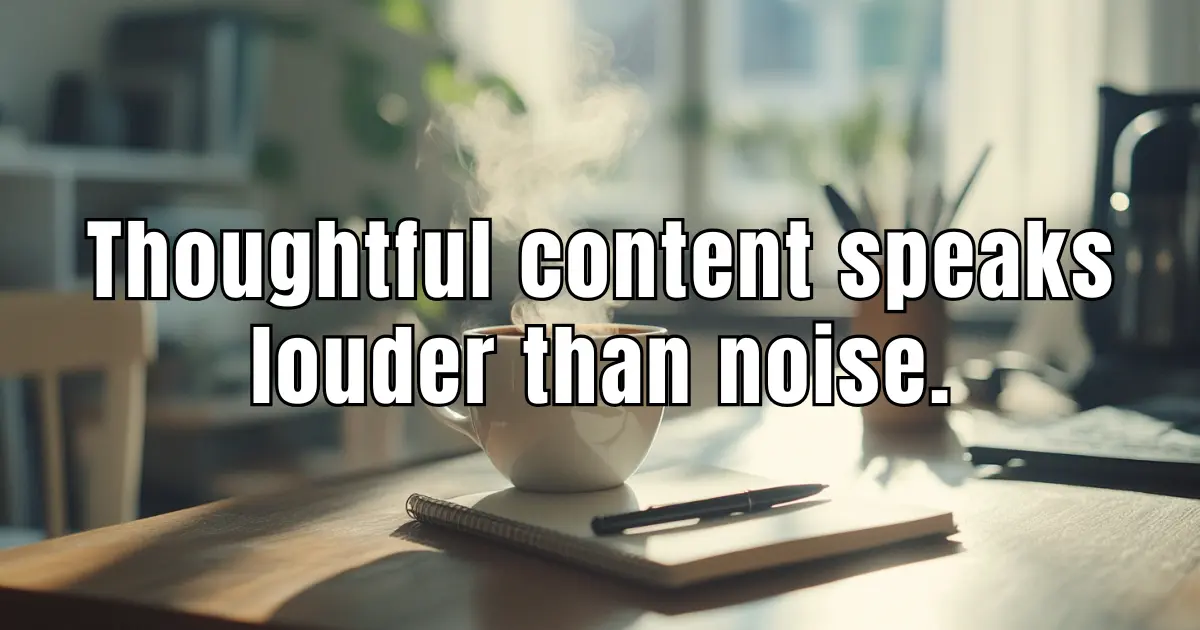 A serene workspace with a notebook, pen, and coffee cup, symbolising thoughtful content creation in a noisy world.