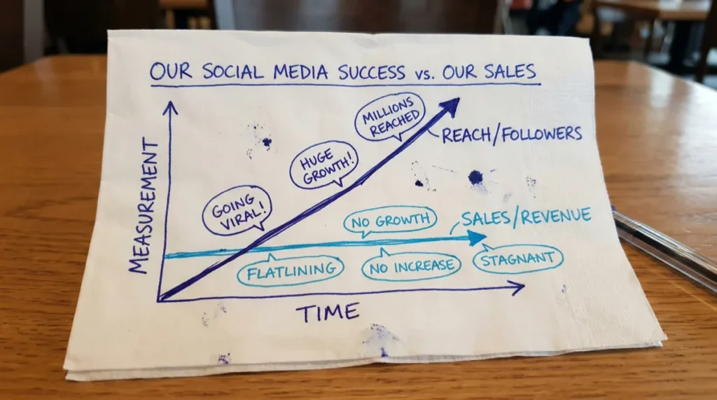 A hand-drawn graph on a white paper napkin sitting on a wooden table. A dark blue line labeled "Reach/Followers" climbs steeply toward the top right, while a light blue line labeled "Sales/Revenue" remains completely flat. Handwritten notes on the napkin include "Millions Reached" and "Stagnant," illustrating the gap between social media popularity and actual business profit.