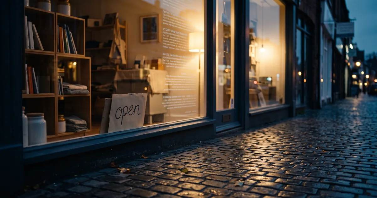 Independent shop window lit up at dusk with an open sign, faint reflection of search results glowing across the glass