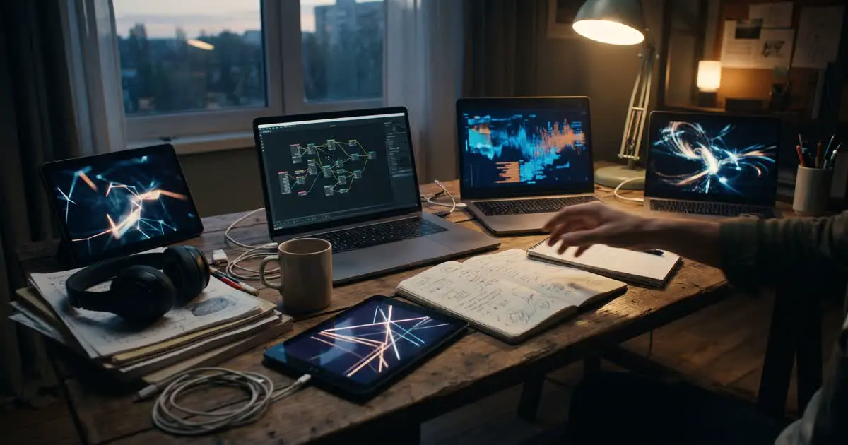 Cluttered creative workspace with multiple laptops and tablets used for AI research, brainstorming and writing