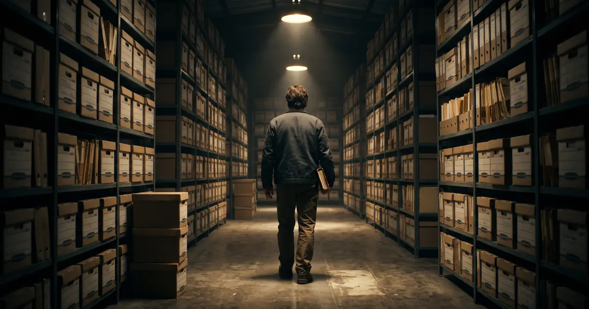 A lone figure walking through a vast archive of identical boxes while carrying a small personal notebook.
