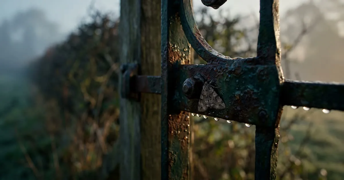 Close-up of a weathered iron gate latch with dew and rust in soft morning light, symbolising restricted access
