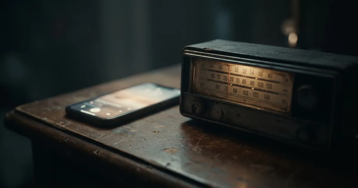 An old radio dial beside a glowing smartphone on a wooden desk, representing traditional search and AI search side by side